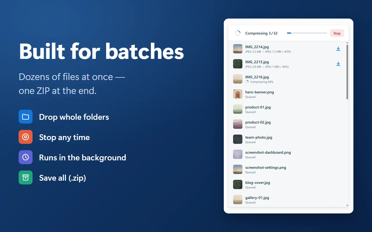 Built for batches: the panel compressing 3 of 32 files with live progress, a Stop button and a queue of pending images