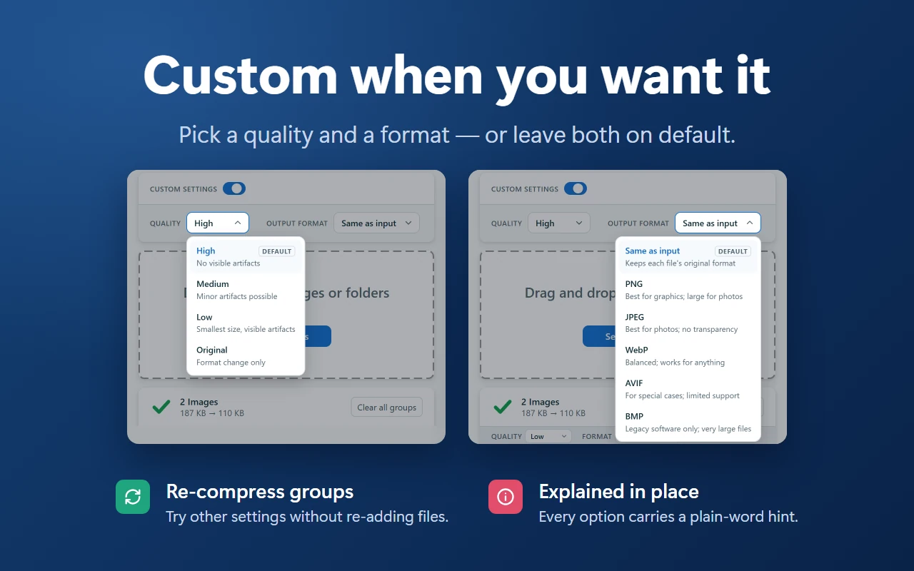 Custom settings: quality High, Medium, Low or Original, and output format Same as input, PNG, JPEG, WebP, AVIF or BMP